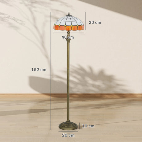 HOMCOM Tiffany-Style Floor Lamp with Handcrafted Stained Glass Shade, 152cm Tall Vintage Standing Lamp with Foot Switch and Dual Sockets for Living Room Bedroom, Bronze Tone and Orange