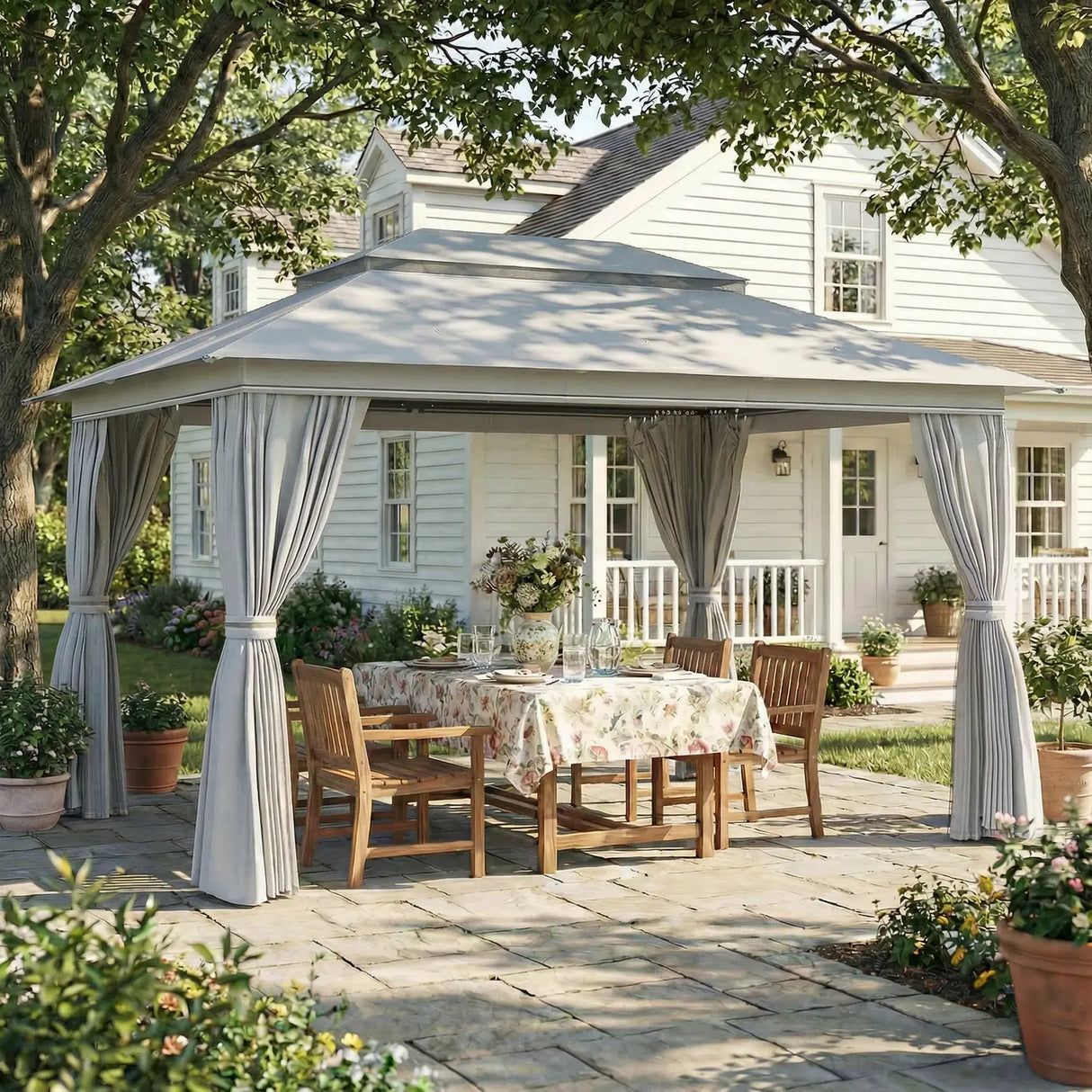 Outsunny 3 x 4 m Outdoor Garden Gazebo with Netting and Curtains, UPF50+ Patio Gazebo Permanent Pavilion Canopy, Dark Grey