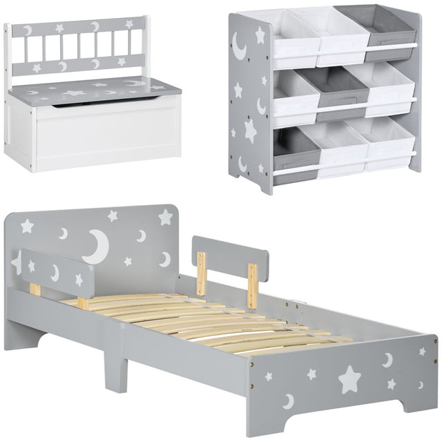 ZONEKIZ 3PCs Kids Furniture Bedroom Set with Bed, Toy Box Bench, Storage Unit with Baskets, Star and Moon Patterns, for 3-6 Years Old Boys Girls, Grey