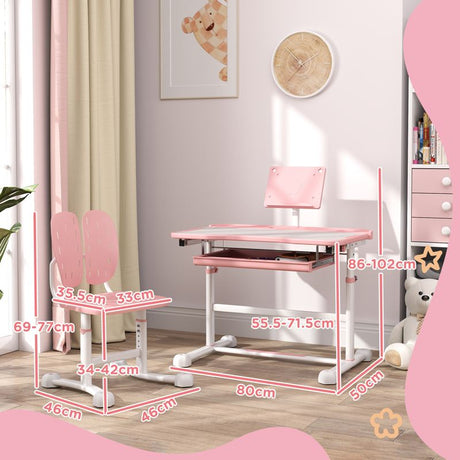 AIYAPLAY Height Adjustable Kids Desk and Chair Set, School Study Writing, Reading Table Chair Set w/ Tilted Desktop, Pink