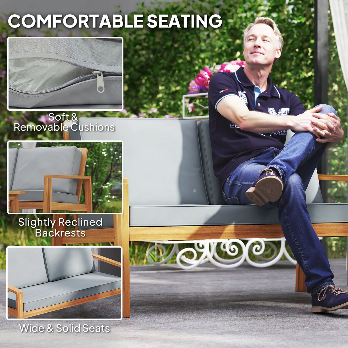 Outsunny 4-Piece Wooden Garden Furniture Set with Cushions - Teak