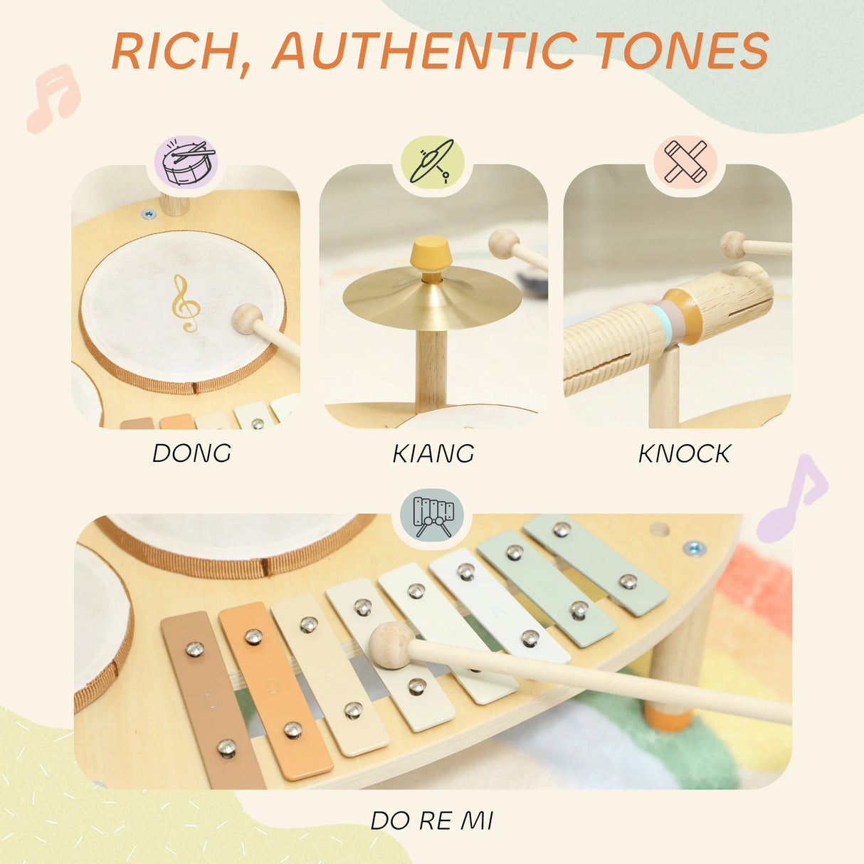 AIYAPLAY Baby Drum Kit, Wooden Kids Musical Instruments with Drums and Xylophone, Gifts for Girls Boys Birthday, Natural