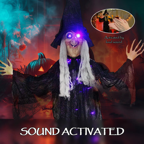 Outsunny 183 cm Life Size Halloween Animated Hanging Witch with Glowing LED Eyes & Body, Spooky Witch Scary Halloween Decorations, Battery Operated, Indoor Party Props