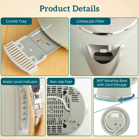 HOMCOM Polished Retro 40-100C Kettle and Toaster Set - Grey