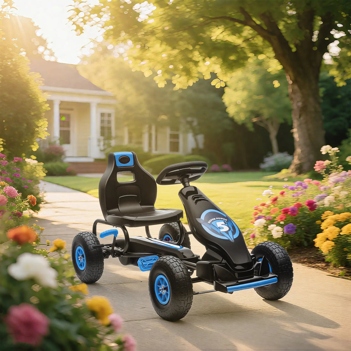 HOMCOM Kids Pedal Go Kart, with Adjustable Seat, Inflatable Tyres - Blue