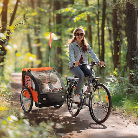 HOMCOM 2 Seat Bike Trailer Bicycle wagon for Kids Child Steel Frame Safety Harness Seat Carrier Orange Black 130 x 76 x 88 cm