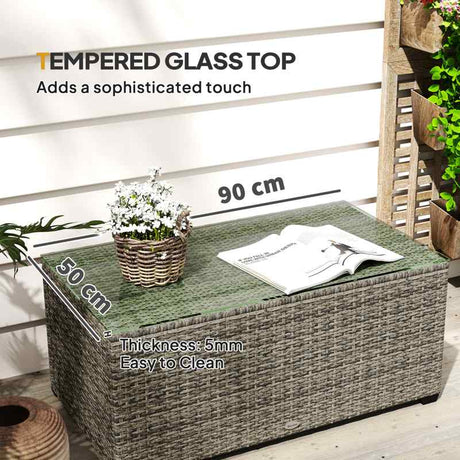 Outsunny 90 x 50cm Glass-Top Rattan Side Table - Dark Grey