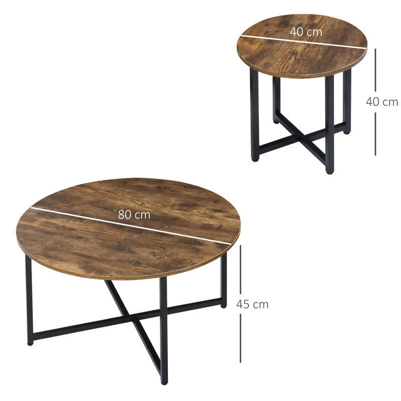 HOMCOM Round Coffee Table, Set of 2 Side Table with Metal Frame, Industrial End Table for Living Room Bedroom, Rustic Brown