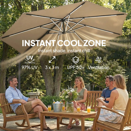 Outsunny 3 m Garden Cantilever Parasol with LED Solar Light, Round Overhanging Umbrella with 360 Rotation, Cover, Khaki