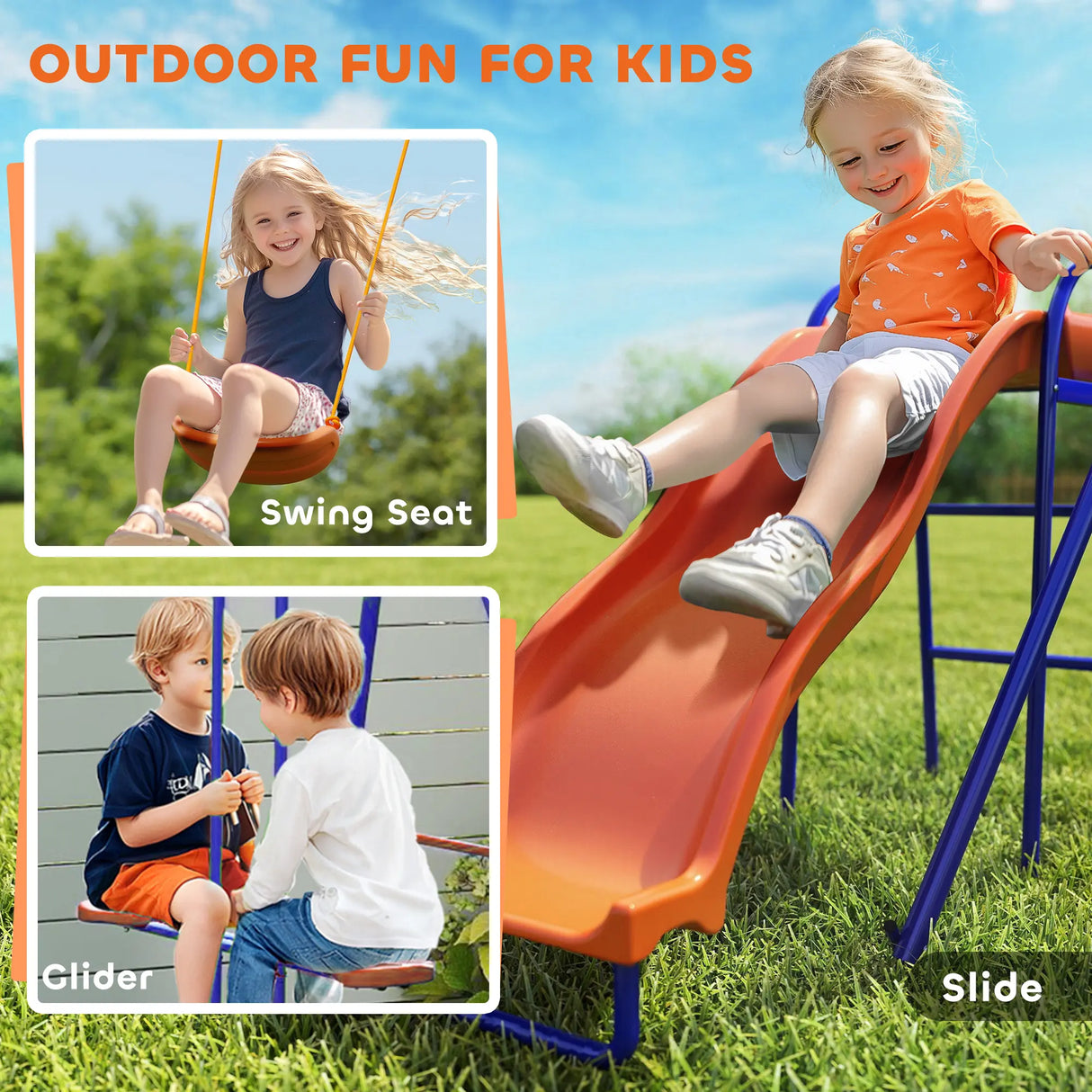 Outsunny Four-In-One Metal Garden Swing Set, with Double Swings, Glider, Slider, Ladder - Orange and Blue