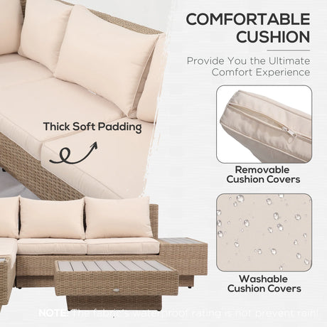 Outsunny 4 Pieces Rattan Garden Furniture Set, Garden Corner Sofa with Side Trays, Wicker Conservatory Furniture Set with Loveseats, Slatted Plastic Top Coffee Table and Cushions, Beige