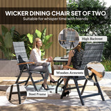 Outsunny 2 Pieces Folding Rattan Garden Dining Chairs with 5-level Reclining High Back, Wood Armrests for Outdoor - Light Grey