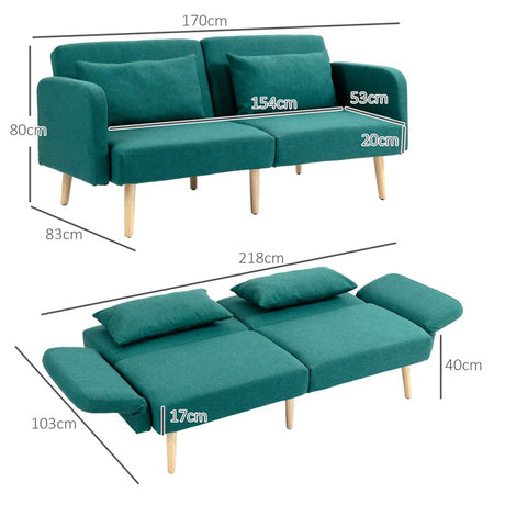 HOMCOM 2/3 Seater Sofa Bed, Convertible Bed Settee, Fabric Sofa Couch with 2 Cushions for Living Room, Guest Room, Green