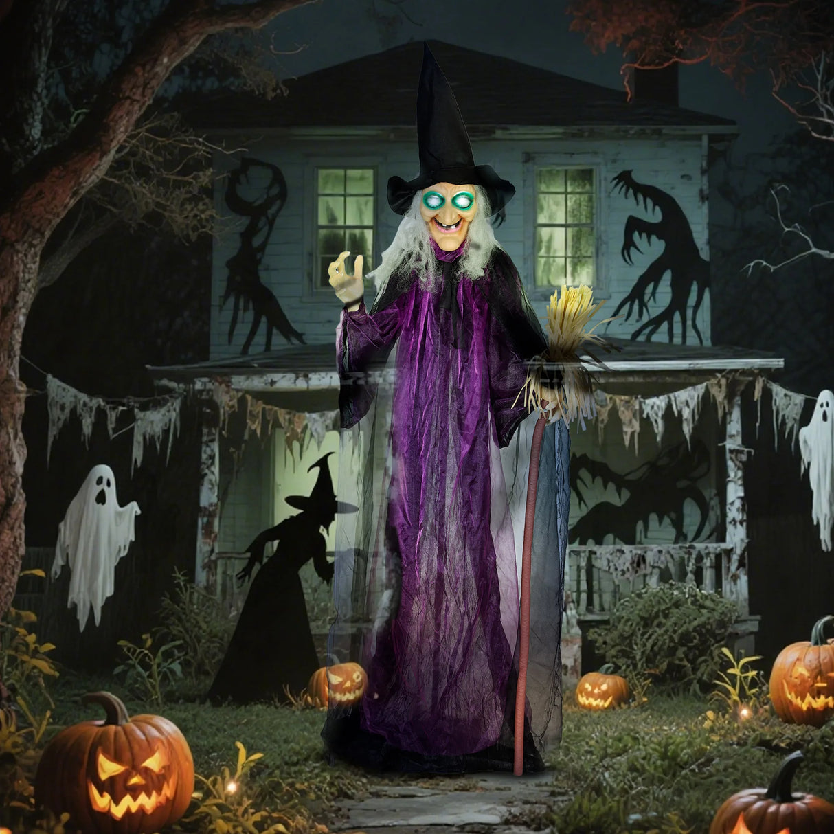 Outsunny 6ft Animated Witch Decoration, with Sound - Purple/White