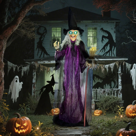Outsunny 6ft Animated Witch Decoration, with Sound - Purple/White