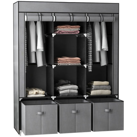 HOMCOM Fabric Wardrobe for Bedroom, Portable Wardrobe with 5 Shelves, 2 Hanging Rails and 3 Fabric Drawers, Foldable Closet, 125 x 43 x 162.5cm, Dark Grey