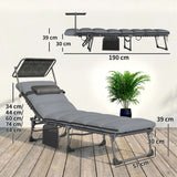 Outsunny Folding Sun Loungers Set of 2 with Canopy, Reclining Sunbed with Cushion, Side Pocket, Carrying Handle, Light Grey