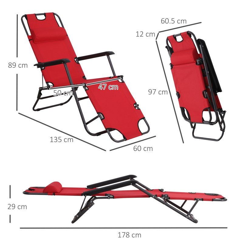 Outsunny 2 Pieces 2 in 1 Sun Lounger Folding Reclining Chair Garden Outdoor Camping Adjustable Back with Pillow, Red