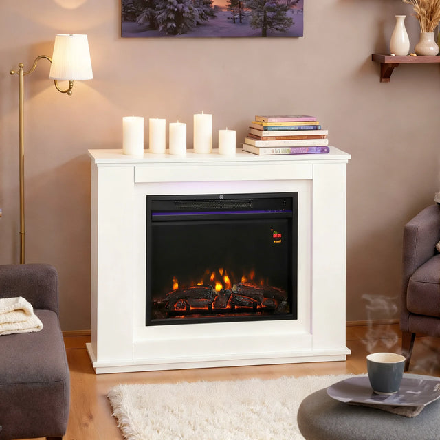 HOMCOM Electric Fireplace with 12 Colours Realistic Flame Effect & 5 Brightness Levels, 1000W/2000W Inset Electric Fire and Mantel Reach up to 30 m2 Space with Remote & Timer for Living Room, White