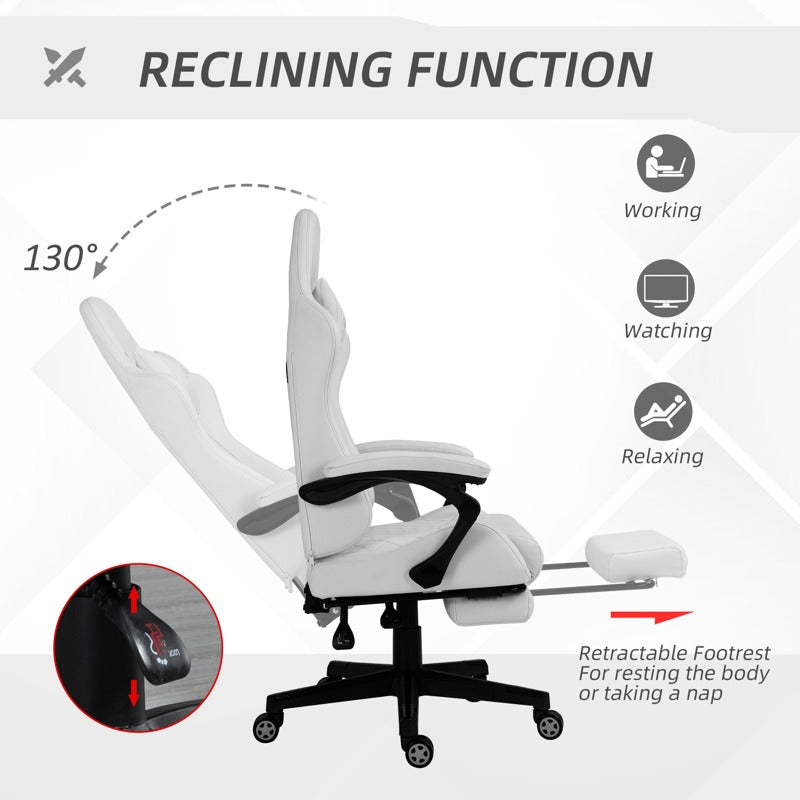 Vinsetto Computer Gaming Chair with Footrest, Video Gaming Chair for Adults with 130° Reclining Back, Desk Chair with Lumbar Support and Adjustable Height, White