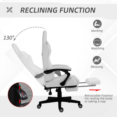 Vinsetto Computer Gaming Chair with Footrest, Video Gaming Chair for Adults with 130° Reclining Back, Desk Chair with Lumbar Support and Adjustable Height, White