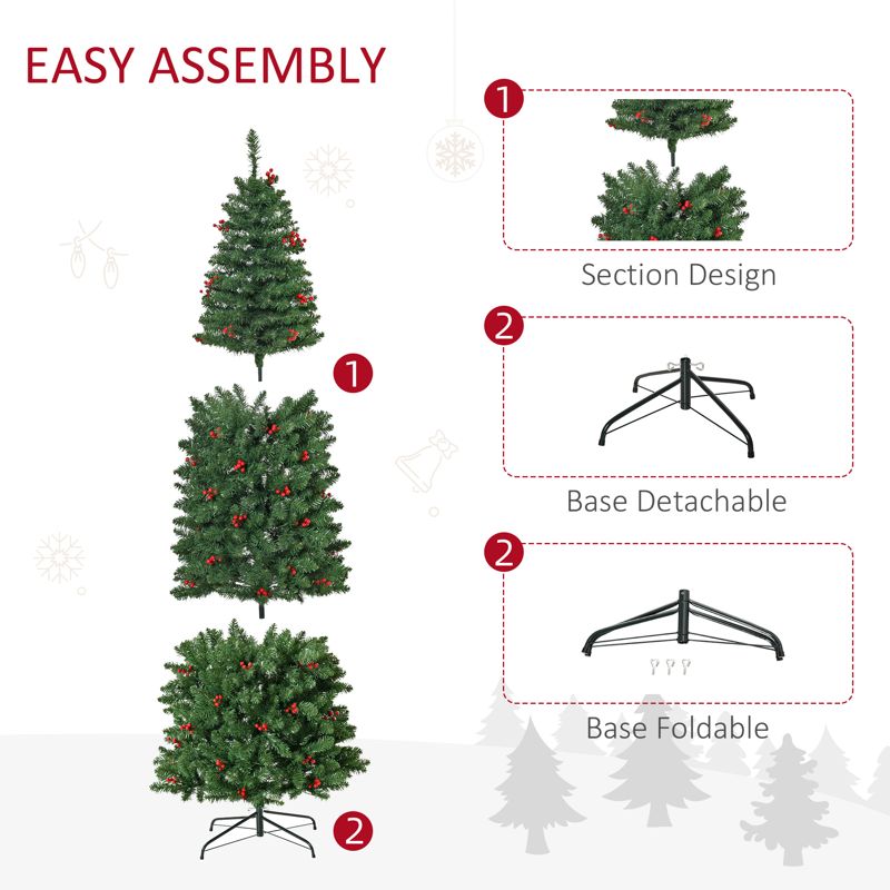 HOMCOM 7FT Prelit Artificial Pencil Christmas Tree with Warm White LED Light, Red Berry, Holiday Home Xmas Decoration, Green