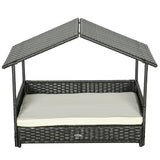 PawHut Extendable Elevated Dog Bed, Rattan Dog House, with Water-Resistant Roof, Removable Cushion, Cream
