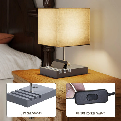 HOMCOM Bedside Lamp with USB A+C Charging Ports and 3 Phone Stands, Modern Table Lamp with Solid Wood Base and Fabric Shade for Bedroom Living Room Office, E27 Socket, Bulb Not Included, Grey