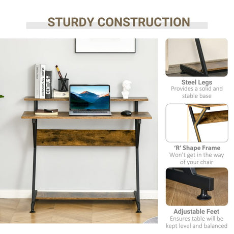 HOMCOM Industrial Computer Desk with Monitor Stand, 100 x 60cm Compact Desk for Small Spaces, Home Office Desk, Rustic Brown