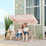 AIYAPLAY Kids Garden Swing Chair with Adjustable Canopy, Safety Belt, 2 Seater Hammock Swing Bench for Patio, Porch, Pink