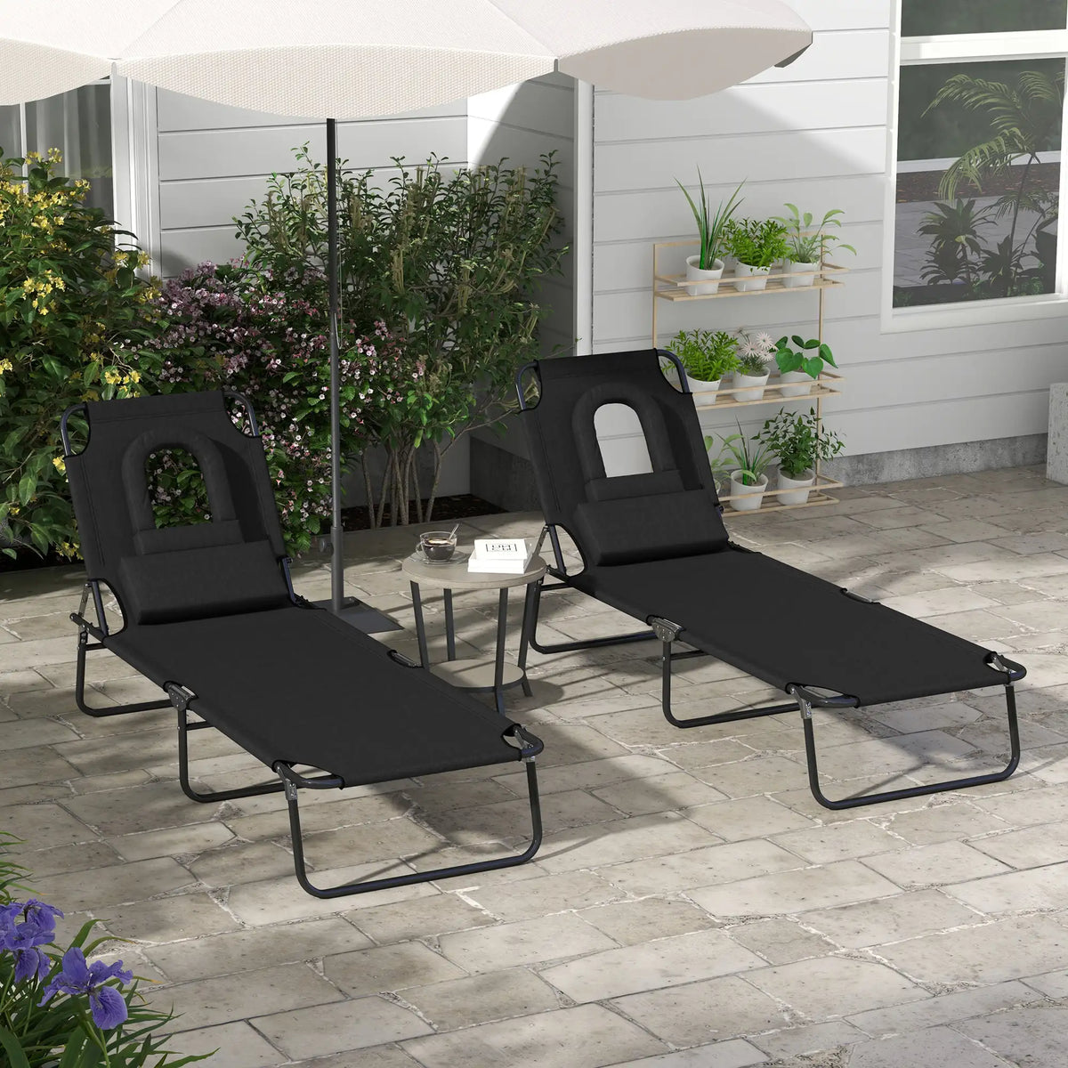 Outsunny Folding Sun Loungers Set of 2 with Face Hole, 4-Position Adjustable Backrest Garden Recliner Chairs Sunbeds, Outdoor Lounge Chairs with 600 D Oxford Cloth Seat, Pillow for Beach, Black