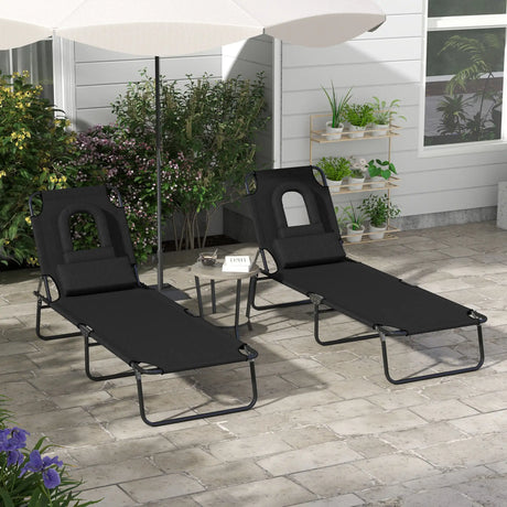 Outsunny Folding Sun Loungers Set of 2 with Face Hole, 4-Position Adjustable Backrest Garden Recliner Chairs Sunbeds, Outdoor Lounge Chairs with 600 D Oxford Cloth Seat, Pillow for Beach, Black