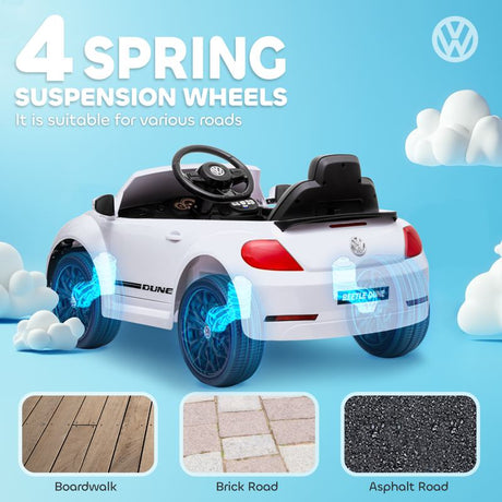 AIYAPLAY Volkswagen Beetle Licensed 12V Ride on Car w/ Remote Control, Suspension Wheels, Soft Start, Lights, Music, White