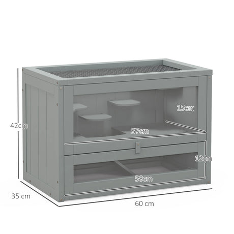 PawHut Wooden Hamster Cage Mouse Mice Rodent Small Animals Hutch Exercise Play House 60 x 35 x 42cm, Grey