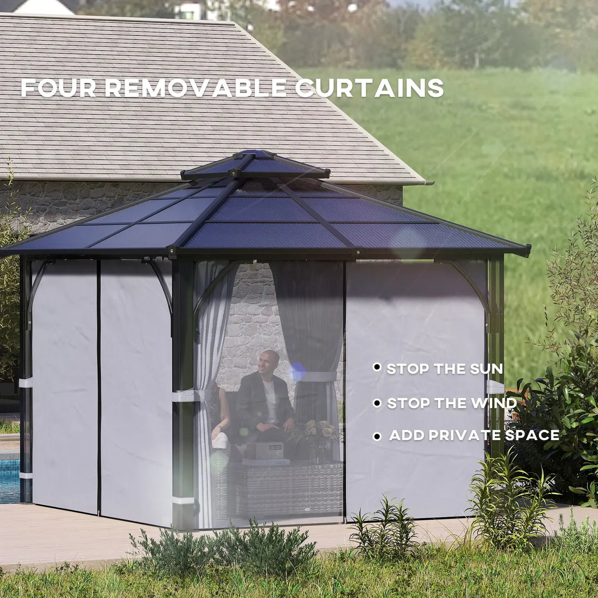 Outsunny 3 x 3(m) Hardtop Gazebo Canopy with 7mm Double Polycarbonate Roof, Garden Gazebo Permanent Pavilion with Mosquito Netting and Curtains for Patio, Deck, Dark Grey