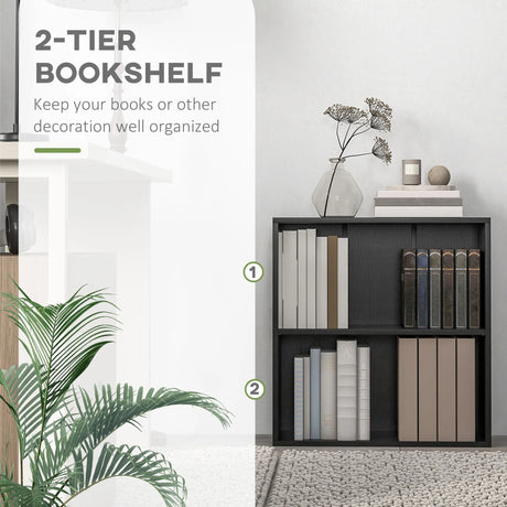 HOMCOM 2 Tier Bookshelf, Low Bookcase with Adjustable Shelf, 2 Compartments for Home Office, Living Room, Study, Black