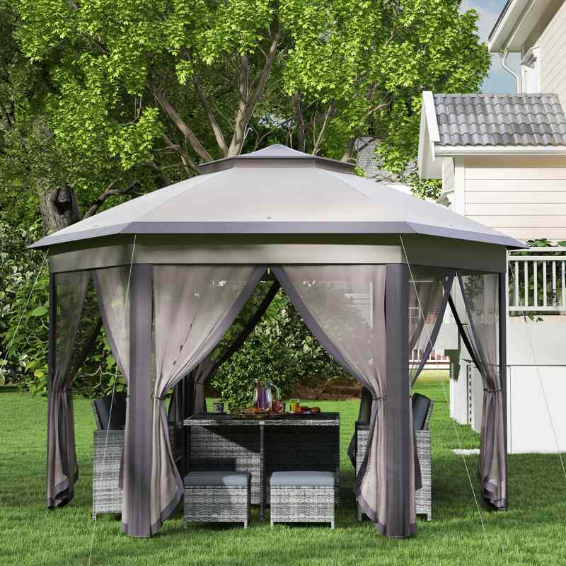 Outsunny 3 x 4m Garden Gazebo Hexagon Pop Up Party Tent Canopy Double Roof Instant Shelter with Netting and Carry Bag for Outdoor Patio, Beige