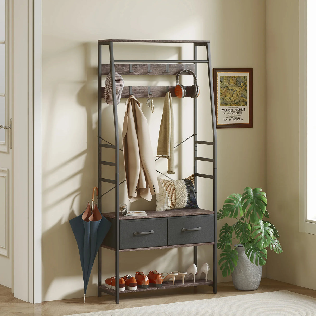 HOMCOM Coat Rack with Shoe Storage, Hall Tree, Industrial Coat Stand with Shoe Bench, 10 Removable Hooks, 2 Fabric Drawers and Clothes Rail for Entryway, Hallway, Grey