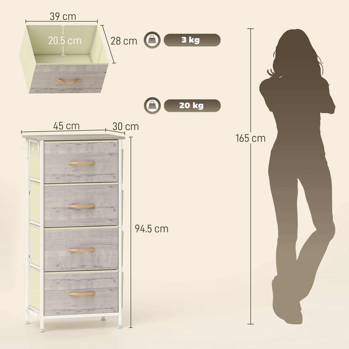 HOMCOM Chest of Four Fabric Drawers - Natural Wood Finish