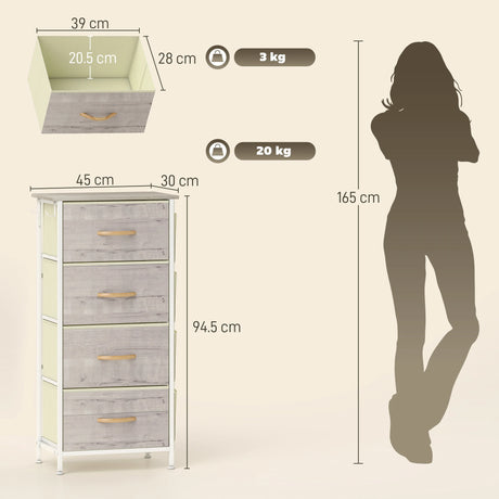 HOMCOM Chest of Four Fabric Drawers - Natural Wood Finish