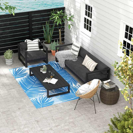 Outsunny Plastic Straw Reversible RV Outdoor Rug with Carry Bag, 182 x 274cm, Blue and Cream