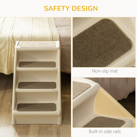 PawHut Foldable Four-Step Pet Stairs, for Cats, Small Miniature Dogs, with Non-Slip Mats 62 x 38 x 49.5cm - Beige