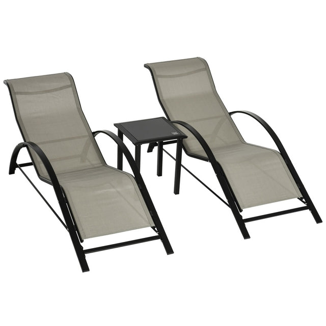 Outsunny 3 Pieces Lounge Chair Set Metal Frame Garden Outdoor Recliner Sunbathing Chair with Table, Grey