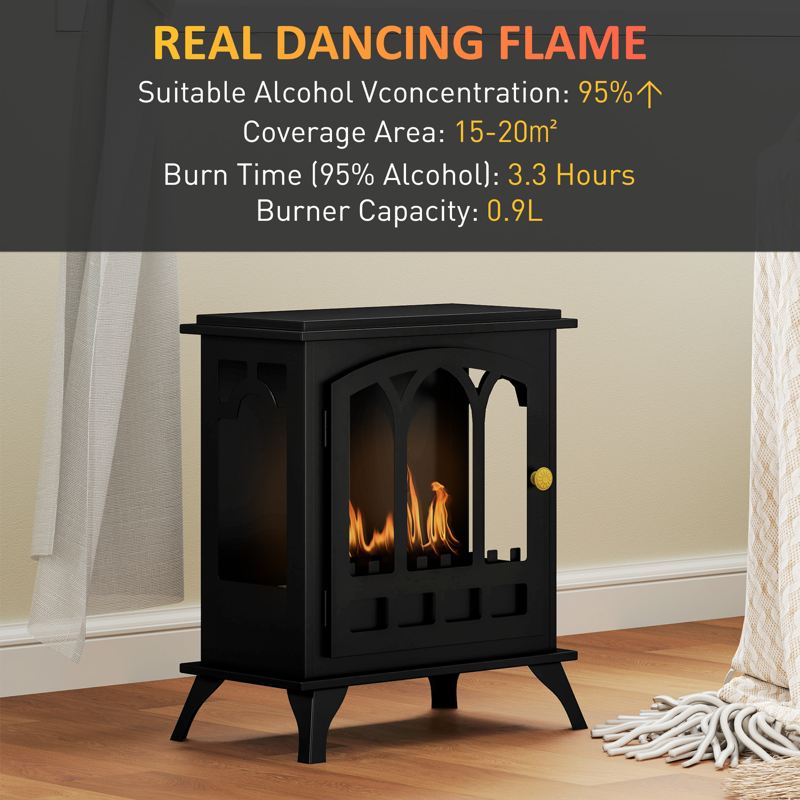 HOMCOM Ethanol Fireplace Stove, Freestanding Bioethanol Fire, Indoor Ethanol Burner with 0.9 Litres Volume, Burns for Up to 3.3 Hours, 21 Inch, Black