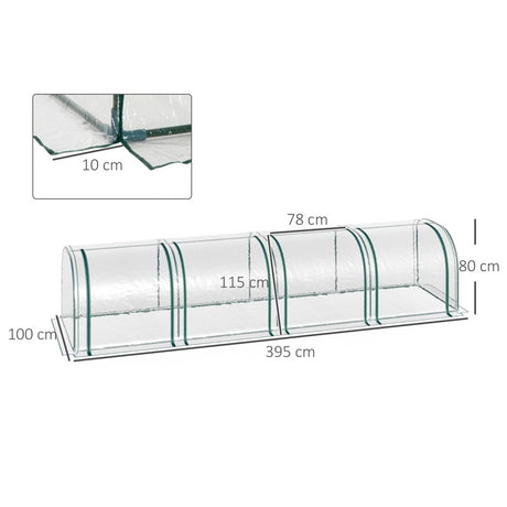 Outsunny Mini Greenhouse, Small Polytunnel Green House with Zipped Doors, Steel Frame for Garden Backyard, 395 x 100 x 80cm, Clear