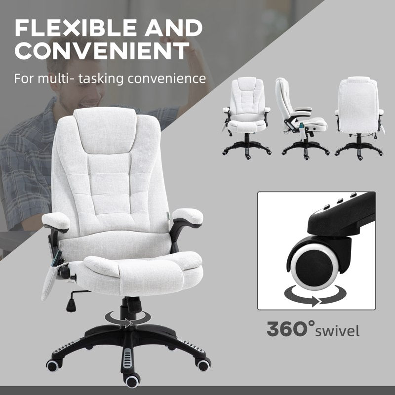 Vinsetto Massage Recliner Chair Heated Office Chair with Six Massage Points Linen-Feel Fabric 360 Swivel Wheels Cream White