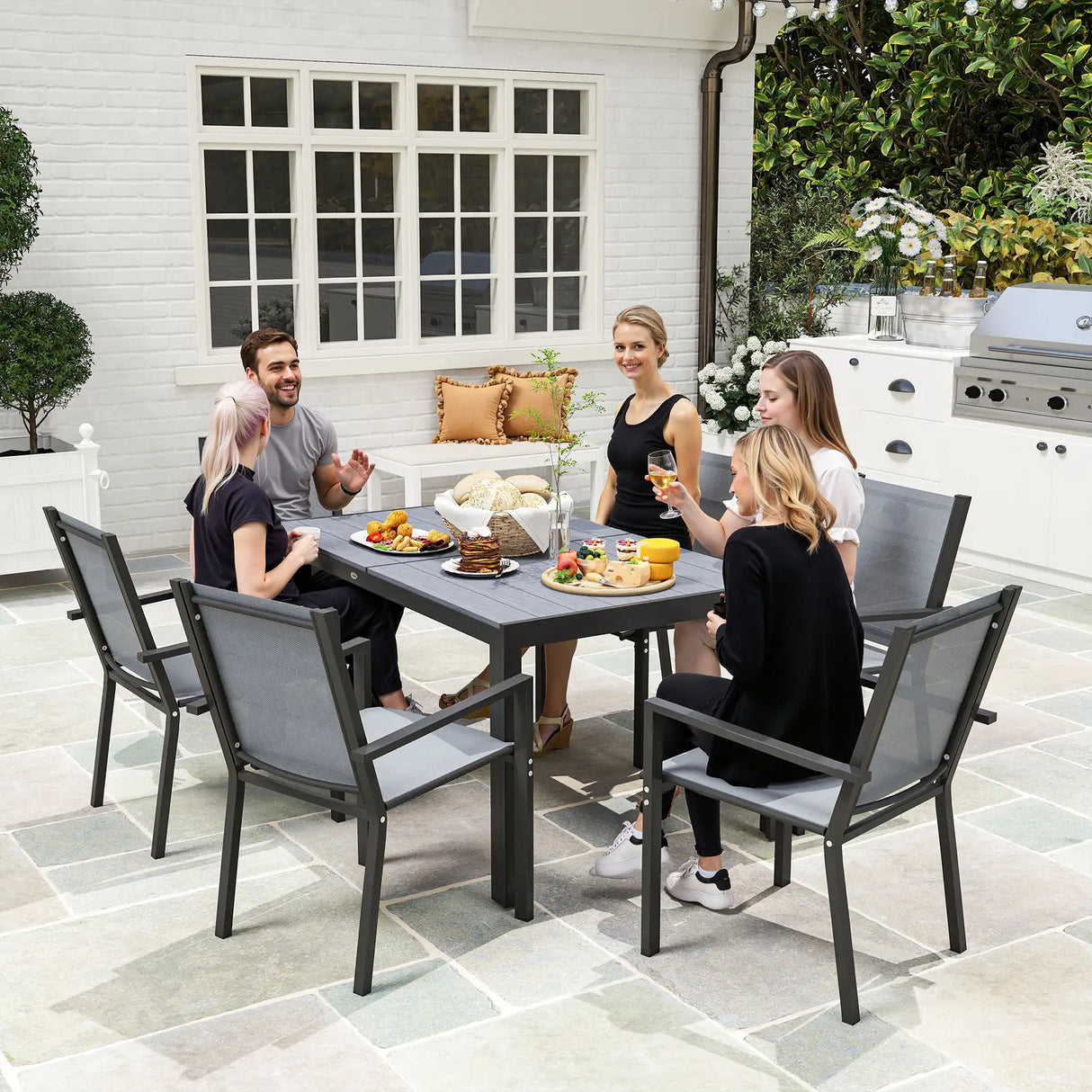 Outsunny Seven-Piece Garden Dining Set, with Plastic Wood-Top Table - Grey
