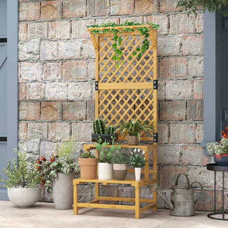 Outsunny Wooden Plant Stand, with Trellis - Natural Finish