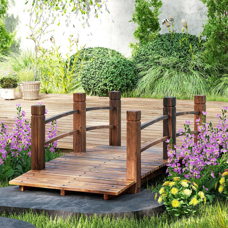 Outsunny 1.5M Wooden Garden Bridge Lawn Dcor Stained Finish Arc Outdoor Pond Walkway w/ Railings Water Yard Decoration