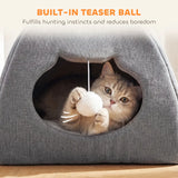 PawHut Cat Cave Bed for Indoor Kittens, Cat House with Removable Cushion and Teaser Ball, Kitty Igloo with Anti-Slip Base, 42 x 42 x 39 cm, Grey